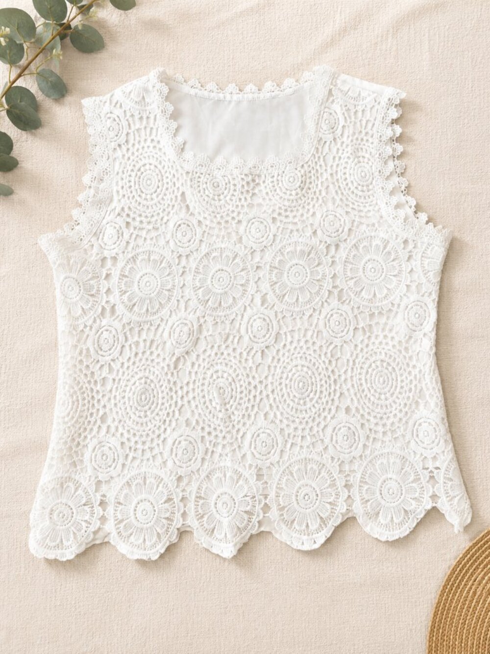 White Crochet Lace Sleeveless Blouse Floral Scalloped Hem Boho Top Women's M